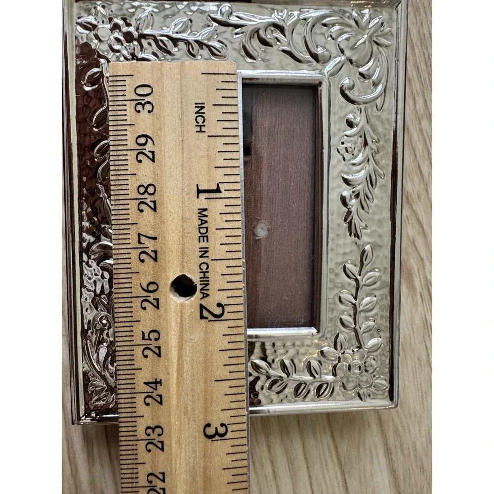 Ornate Floral Silver Tone 1.5x2 Picture Frame Wood Back Easel